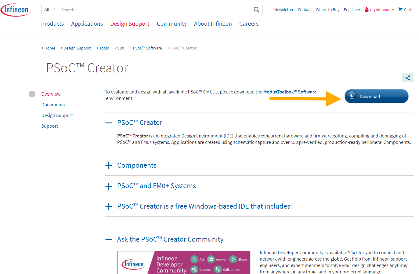 Showing the <strong>PSoC Creator</strong> download web page and where to find the download button.
