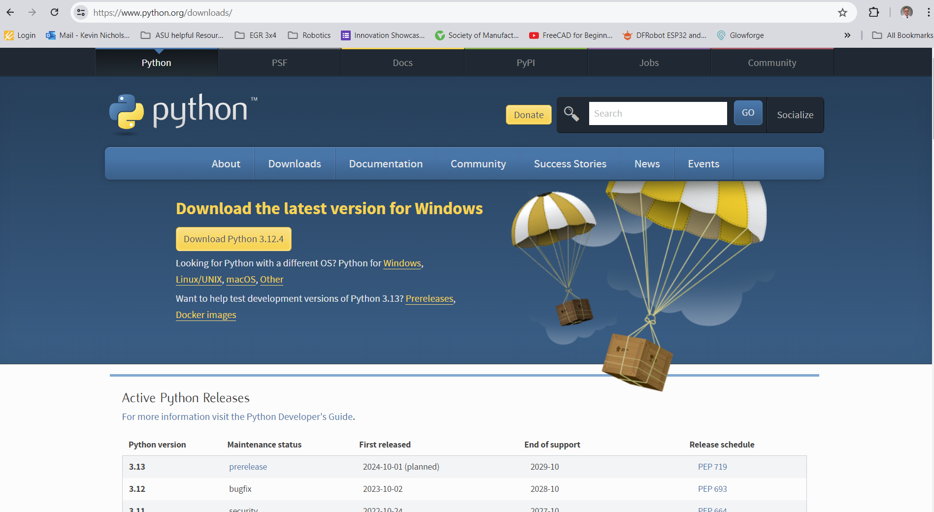 Showing the Python download page.