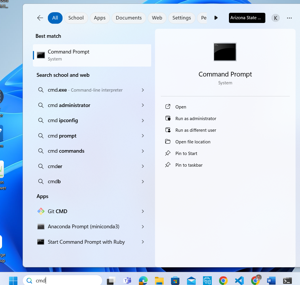 Showing one way to find and open the <strong>Command Prompt</strong> window.