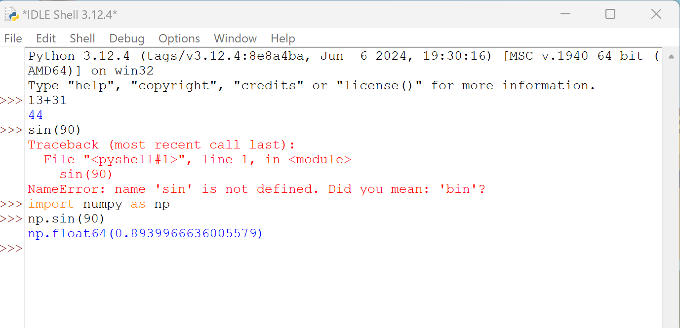 Showing Python working after installing and importing NumPy.
