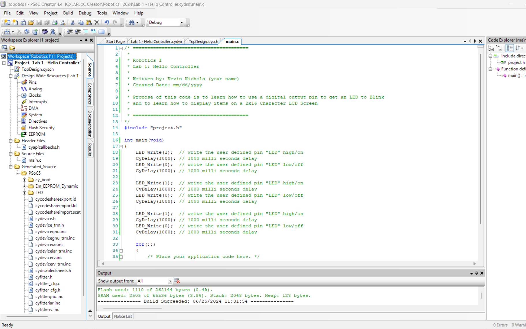 Showing the first step in coding the blinking LED.
