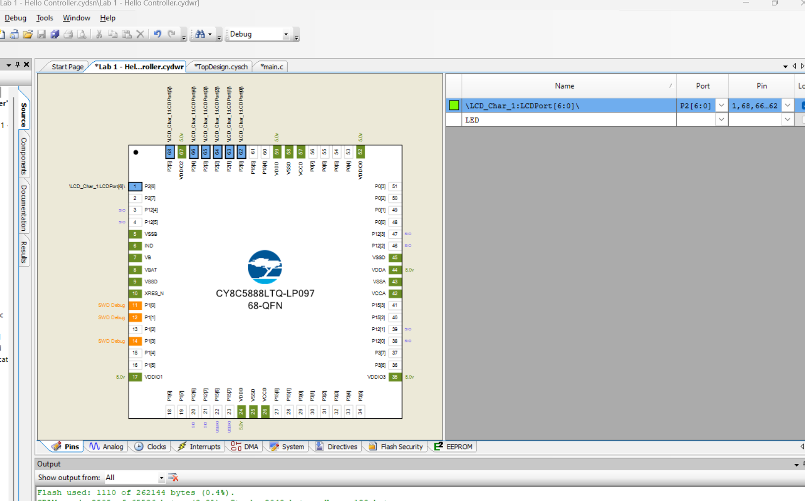 Showing the pin selection for the “LCD_Char” pins. Note that the selection is an array of 7 pins.
