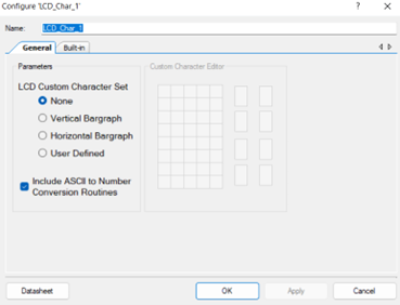Showing the default settings on the General tab inside the Character LCD module.