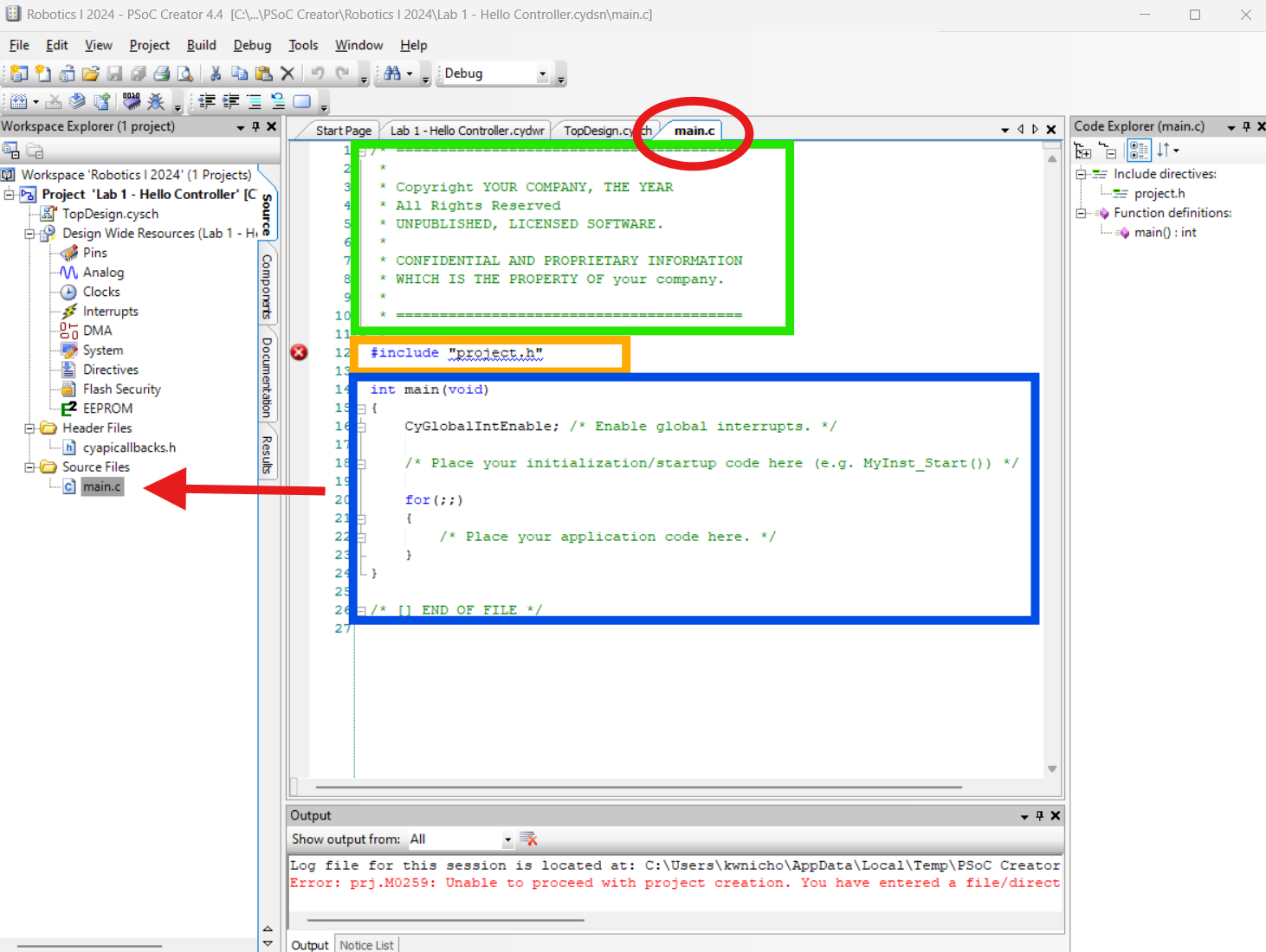 Showing the freshly opened “<strong>main.c</strong>” file page along with marking key section of the code.