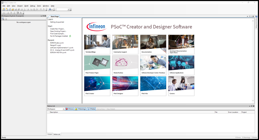 Showing the home screen of PSoC Creator after launching it and without opening any project or workspace files.