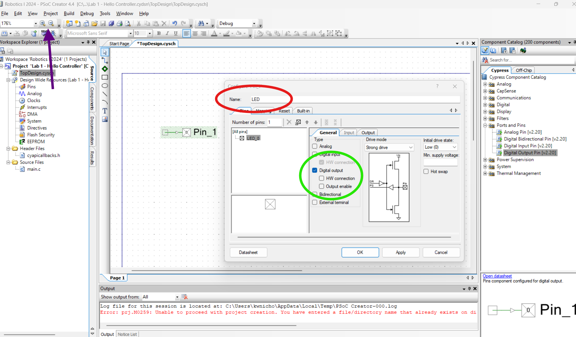 Showing where the “Digital Output Pin” is within the “Component Catalog” and the couple of changes to the output module that need to be done inside it configuration setup.