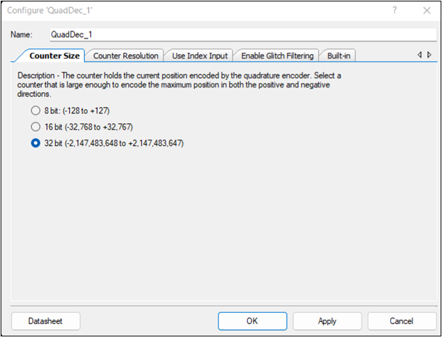 Showing the settings on the Counter Size tab inside the QuadDec module.