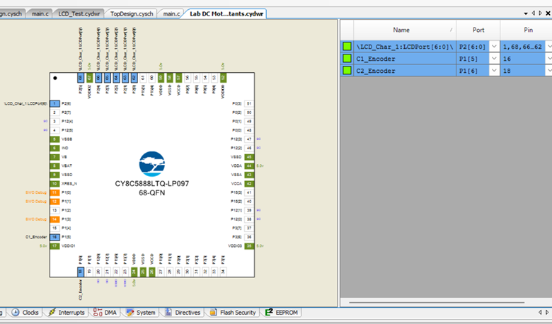 Showing the pin selection for the `LCD_Char_1` and the two encoder switches C1 and C2.